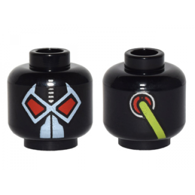 black minifigure head alien with wrestler mask with large red eyes lime hose on back pattern bane