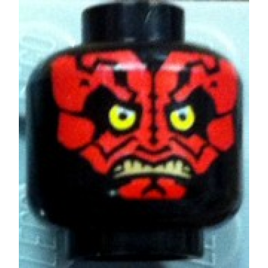 black minifigure head alien with sw darth maul red face with tattoos yellow eyes angry open mouth with tan teeth pattern