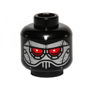 black minifigure head alien with robot with red eyes sliver face panel pattern