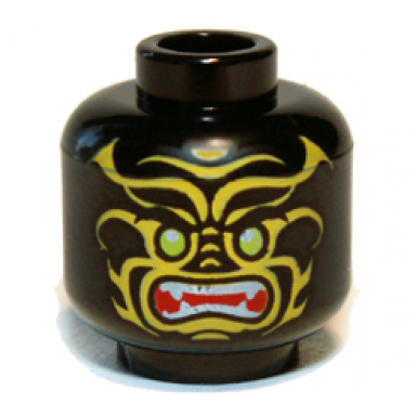 black minifigure head alien with lime eyes yellow markings angry open red mouth with sharp teeth parted pattern