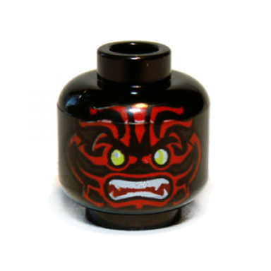 black minifigure head alien with lime eyes white fangs red face decorations and dark red mouth pattern