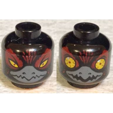 black minifigure head dual sided alien chima raven with beak yellow eyes and dark red pupils narrowed wide open bloodshot pattern