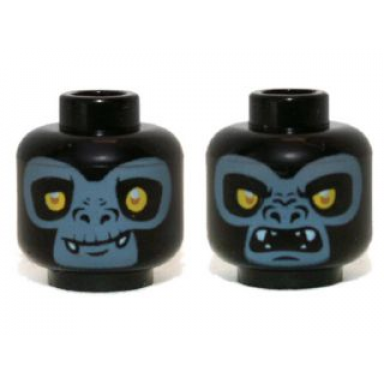 black minifigure head dual sided alien chima gorilla with yellow eyes fangs and sand blue face closed mouth open mouth pattern gorzan