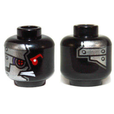 black minifigure head alien with red mechanical right eye bared teeth and silver plates with rivets on front and back pattern