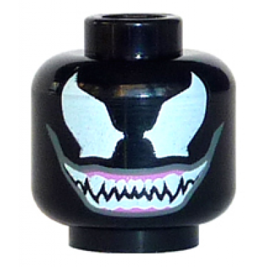 black minifigure head alien large white eyes and wide open mouth smile with sharp teeth together pattern