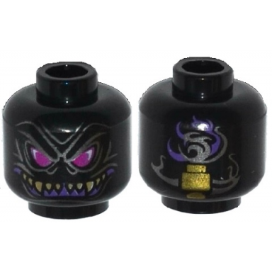 black minifigure head alien with magenta eyes dark purple grin with sharp teeth and gold vertebra on back pattern