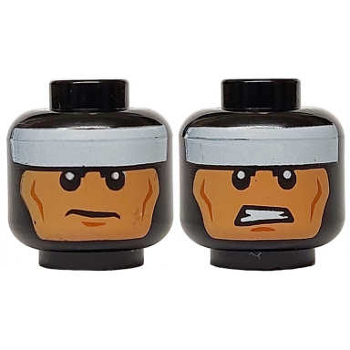 black minifigure head dual sided balaclava white headband cheek lines scowl clenched teeth pattern batman