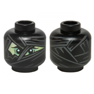 black minifigure head alien mummy with yellowish green face wrappings and sand green eye shadow pattern