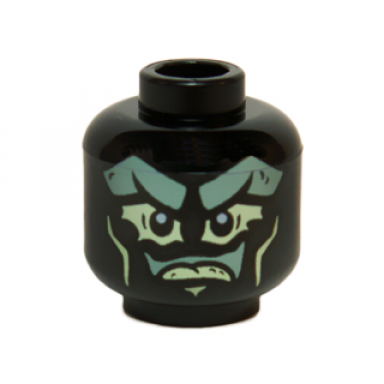 black minifigure head alien ghost with sand green face and yellowish green eyes mouth and cheek lines pattern