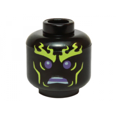 black minifigure head alien with yellowish green flaming eyebrows and cheek lines dark purple eyes angry open mouth with teeth parted pattern