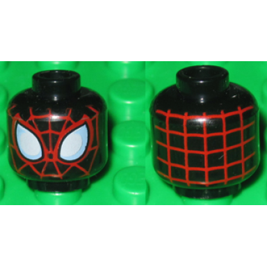 black minifigure head alien with spider-man red web pattern miles morales
