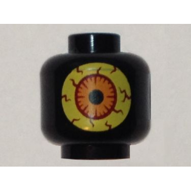 black minifigure head without face with large bright light yellow eye with dark red veins and orange iris pattern nexo knights sparkks