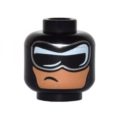 black minifigure head balaclava black and white mask with silver edge and crooked off-center scowl on nougat face pattern