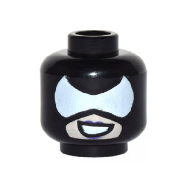 black minifigure head mask with white pointed eye opening over light nougat skin dark purple lips and open mouth grin pattern