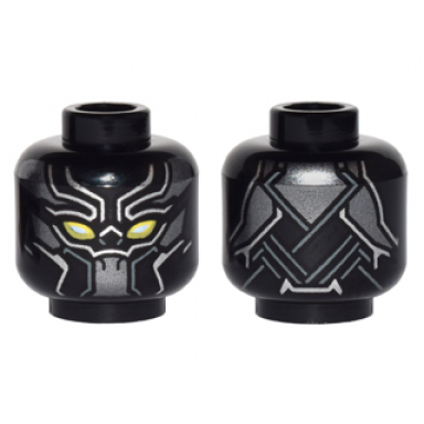 black minifigure head mask body armor with gray and silver intersecting lines and yellow eyes pattern