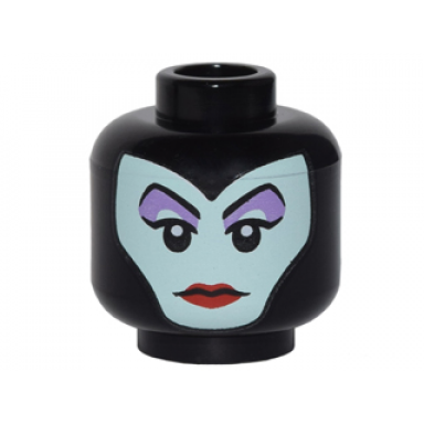 black minifigure head female balaclava with light aqua face medium lavender eye shadow pointed eyebrows red lips pattern maleficent