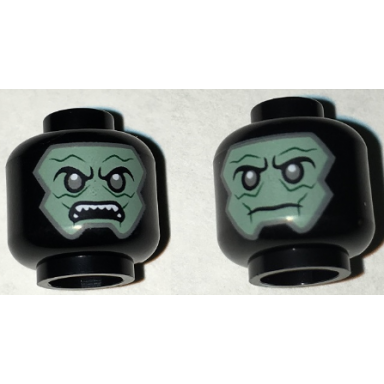 black minifigure head dual sided alien balaclava with sand green skin dark gray eyes neutral angry open mouth with teeth pattern