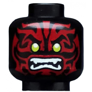black minifigure head alien with lime eyes white fangs and dark red face decorations pattern