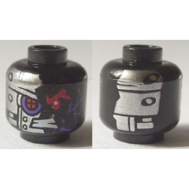 black minifigure head alien with red mechanical right eye dark purple circuitry bared teeth and silver plates with rivets on front and back pattern