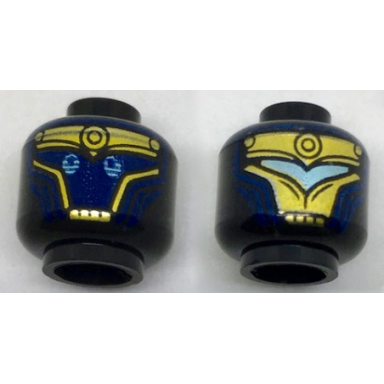 black minifigure head dual sided alien with gold armor dark blue face light blue eyes light blue visor pattern