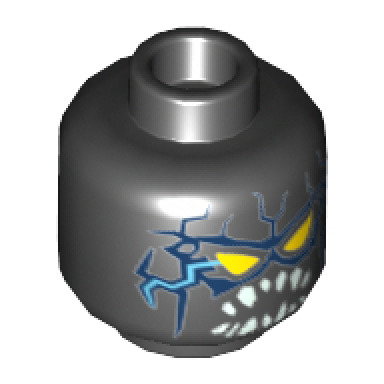 black minifigure head alien with yellow triangular eyes blue lightning on front and back pointed white teeth pattern