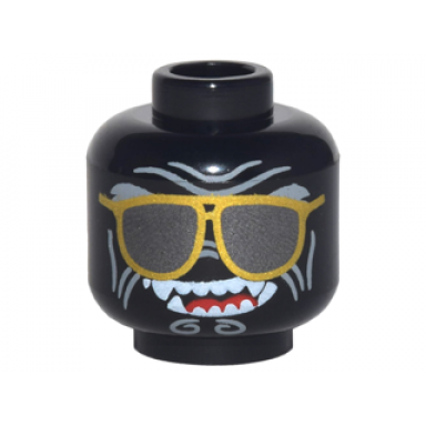 black minifigure head alien with sunglasses with gold frames light bluish gray wrinkes open mouth smile with fangs pattern garmadon