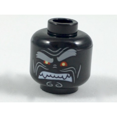 black minifigure head alien with light bluish gray bushy eyebrows left raised eyebrow red eyes and clenched white fangs pattern