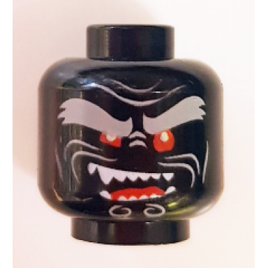 black minifigure head alien with light bluish gray bushy eyebrows red eyes open mouth crooked smile right raised with fangs pattern