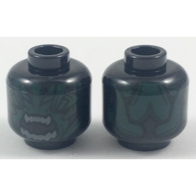 black minifigure head alien with dark green scales and light gray teeth in gaping mouth pattern