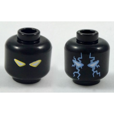 black minifigure head dual sided alien with white eyes with yellow outline sand blue electricity pattern
