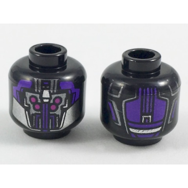 black minifigure head alien sakaarian with dark purple armor silver jaw guard and 4 magenta eyes pattern