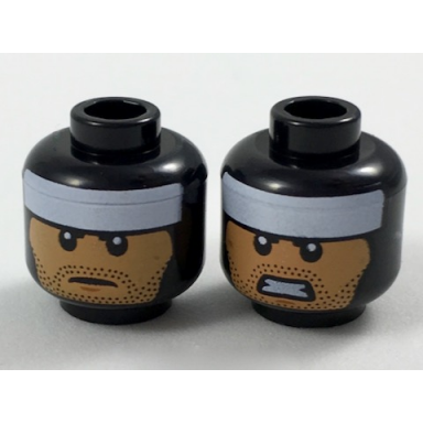 black minifigure head dual sided balaclava white headband medium nougat face black stubble neutral gritted teeth pattern