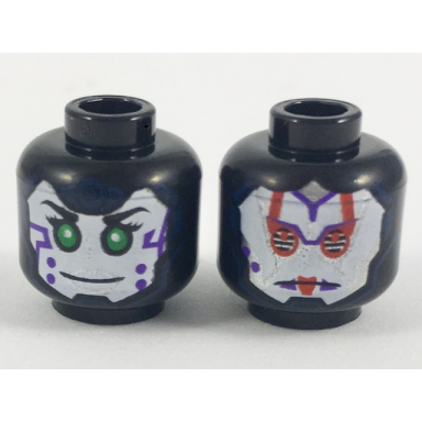 black minifigure head dual sided alien female with white face green eyes and purple marks on cheek red and silver armor pattern