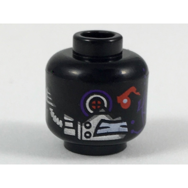 black minifigure head alien with mechanical right eye red and purple silver plates and dark purple circuitry on left cheek pattern