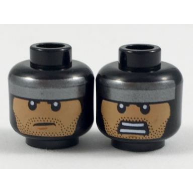 black minifigure head dual sided balaclava flat silver headband nougat face black stubble firm fierce expression pattern