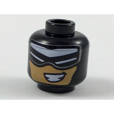 black minifigure head balaclava with white triangular headband eye slits nougat face with smile showing teeth pattern