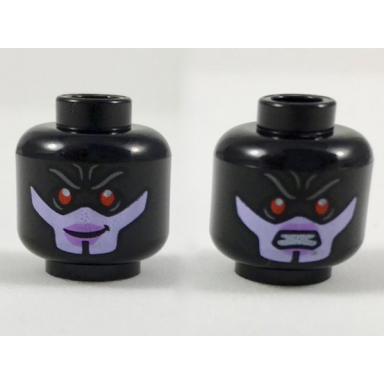 black minifigure head dual sided alien female with red eyes lavender lower face smiling scowling expression pattern