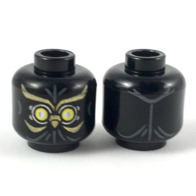 black minifigure head alien with yellow eyes with gold swirls and owl beak pattern
