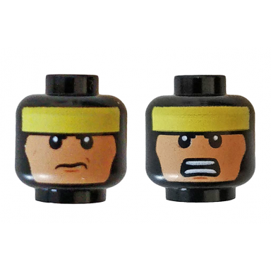 black minifigure head dual sided balaclava with yellow headband nougat face frown bared teeth pattern