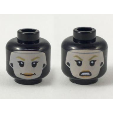 black minifigure head dual sided female balaclava light nougat face with dark yellow eyebrows peach lips smile surprised pattern