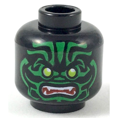 black minifigure head alien with lime eyes white fangs green face decorations and dark red mouth pattern
