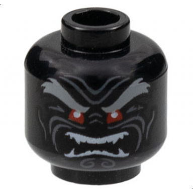 black minifigure head light bluish gray bushy eyebrows red eyes dark bluish gray wrinkles furrowed brow angry open mouth with white sharp teeth parted pattern