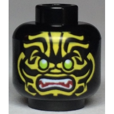 black minifigure head alien with lime eyes white fangs yellow face decorations and dark red mouth pattern