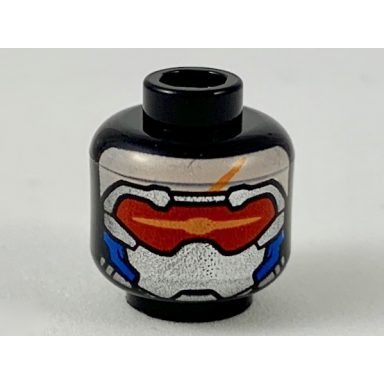 black minifigure head silver mask red visor with bright light orange highlight blue cheek panels pattern