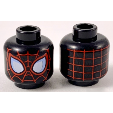 black minifigure head alien with spider-man red webbing large white eyes with bright light blue edges and red border pattern