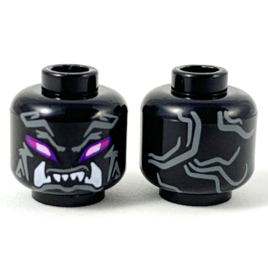 black minifigure head alien oni with bright pink and magenta eyes dark bluish gray markings and open mouth with white lower fangs pattern