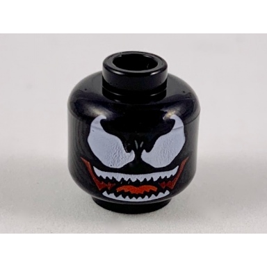 black minifigure head alien large white eyes and wide dark red open mouth smile with sharp teeth parted and red tongue pattern