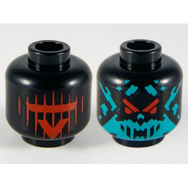 black minifigure head dual sided alien red visor and v with 9 vertical stripes dark turquoise splotch face with red eyes pattern
