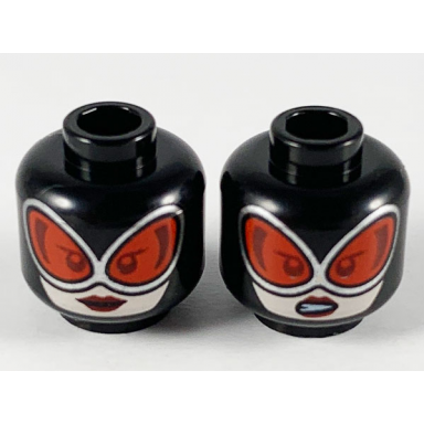 black minifigure head dual sided female balaclava large red goggles light nougat face red lips neutral gritted teeth pattern