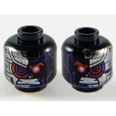 black minifigure head dual sided dark purple highlights red eye gritted teeth silver armored right side silver armored left side pattern